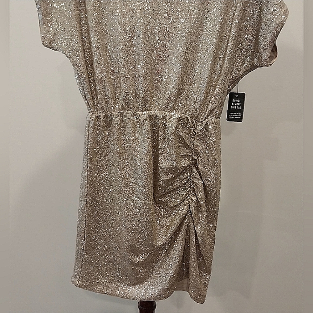 NWT Express Champagne Short Sleeve Sequined Ruched Mini Dress Size Small - Picture 3 of 16